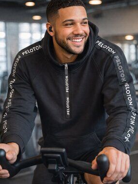 Peloton Half Zip Hoodie Black Pullover Sweatshirt Logo Sleeve Athletic Mens
